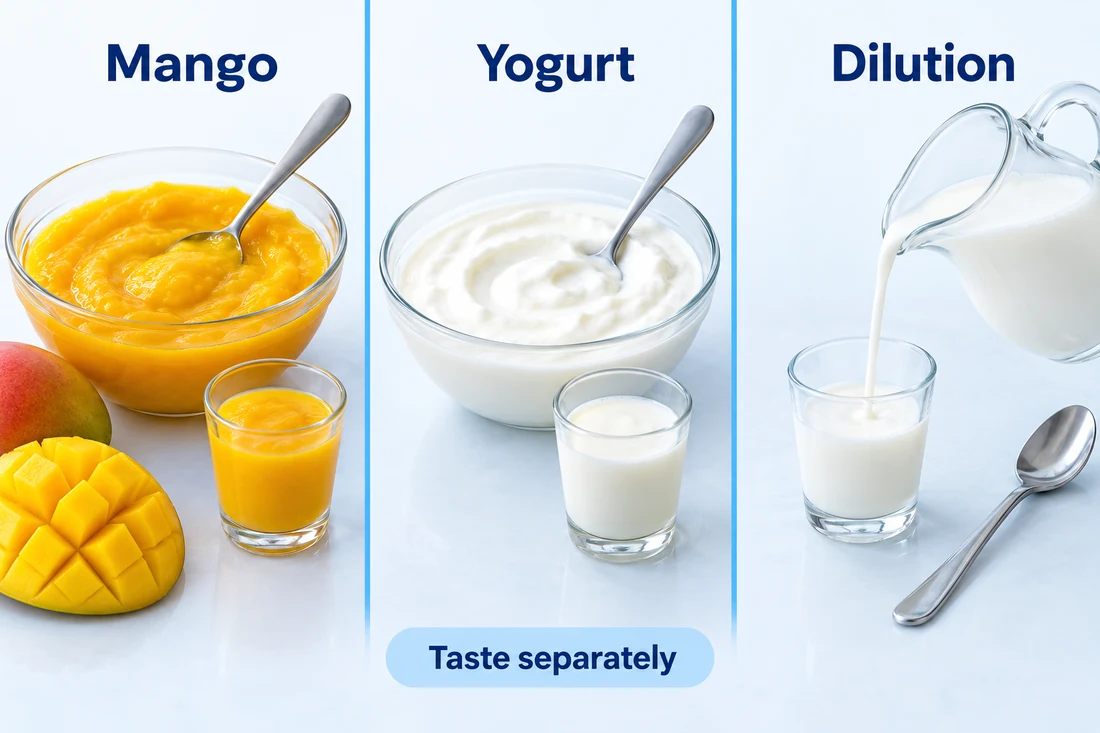 Điều chỉnh xoài, sữa chua và độ pha loãng Purée xoài, sữa chua nguyên chất và sữa tách riêng cạnh các ly nếm xác định ba biến điều chỉnh