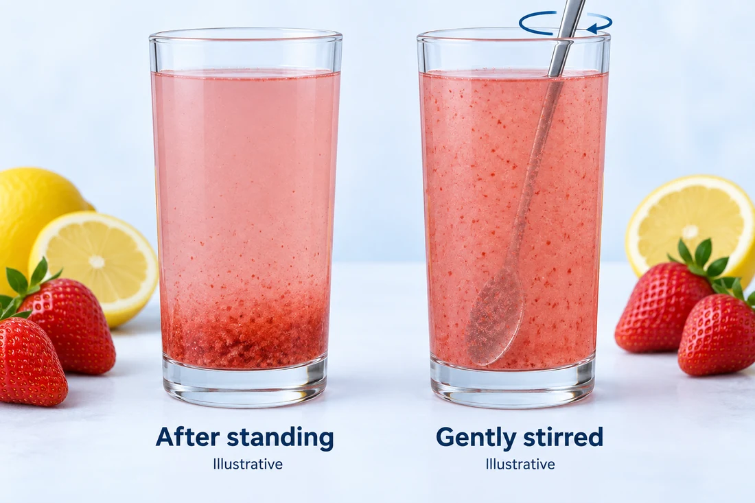 Two strawberry lemonade glasses illustrate settled pulp and pulp redistributed with gentle stirring