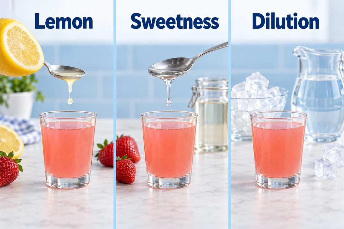 Lemon juice, sugar syrup and ice with water beside three small strawberry lemonade tasting glasses