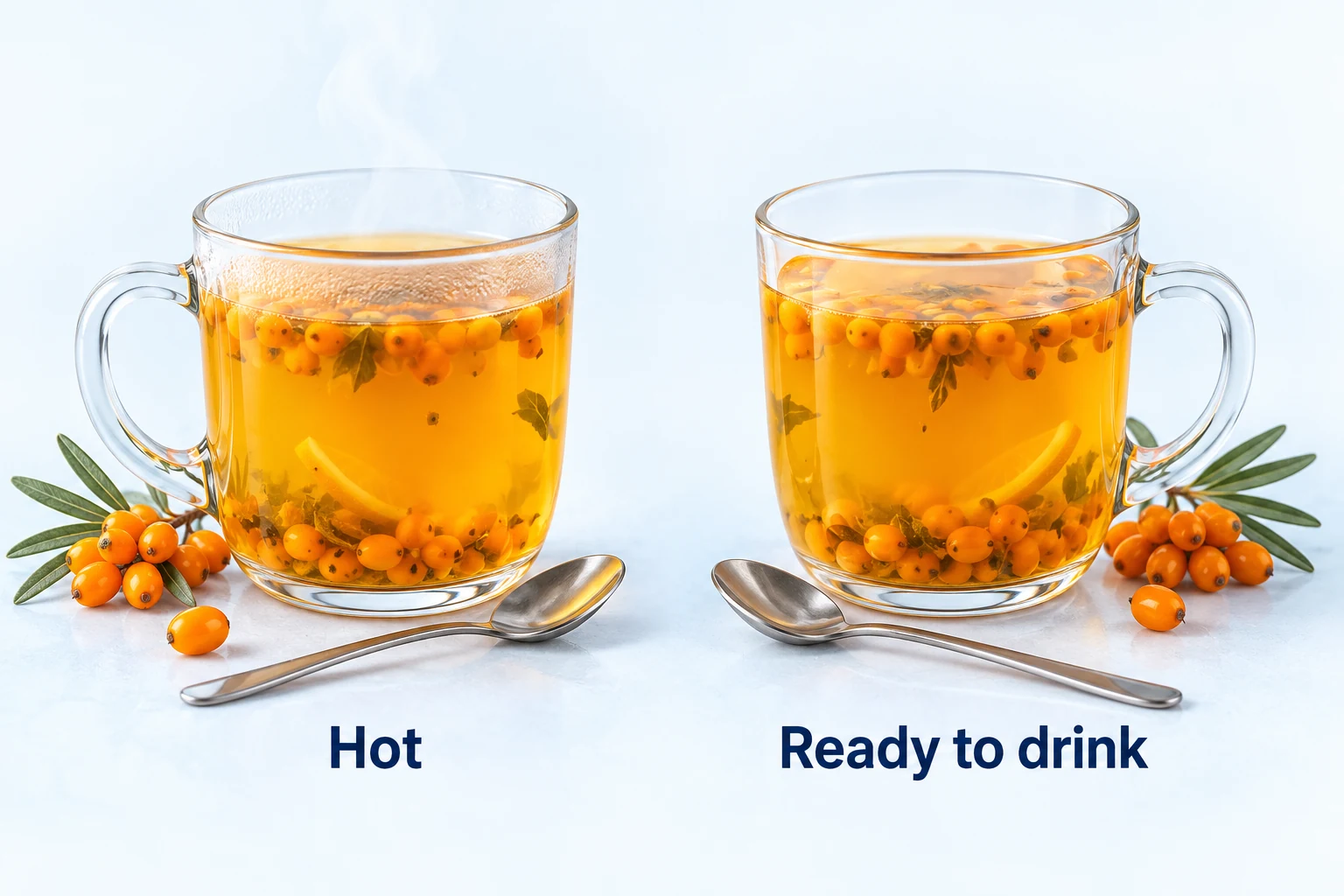 Serve sea buckthorn tea at the chosen temperature Two sea buckthorn tea mugs labeled hot and ready to drink