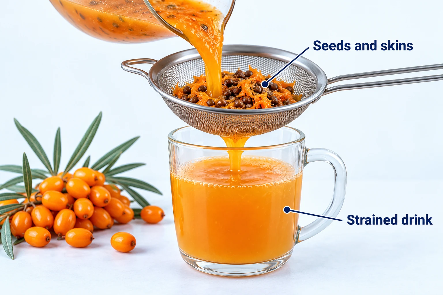 Straining a sea buckthorn infusion Fine sieve retaining sea buckthorn seeds and skins above an orange infusion