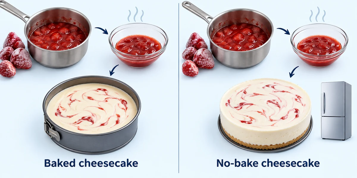 La salsa de fresa cocinada precede a las vías de tarta de queso horneada y refrigerada