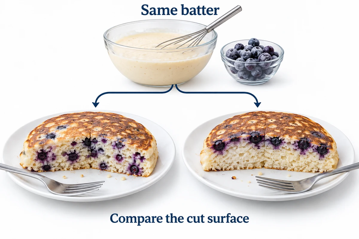Compare tortitas de la misma masa Un cuenco de masa se conecta con dos tortitas cortadas para una observación equivalente