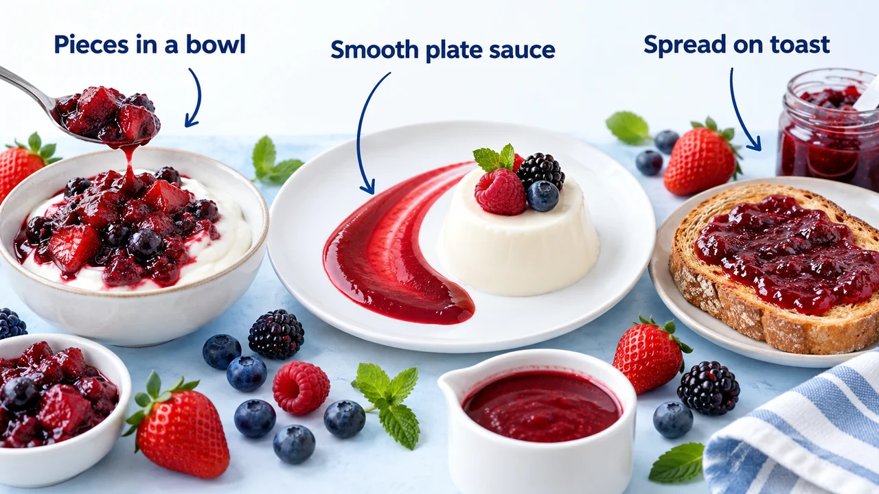Compote quả mọng phủ một tô, coulis mịn rưới lên đĩa tráng miệng và mứt phết trên bánh mì nướng