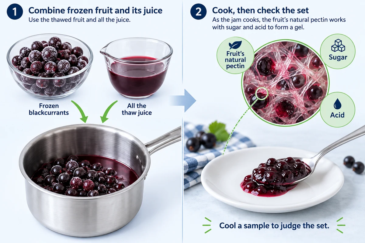 Pectina naturale del ribes nero e gelificazione a freddo Schema didattico della confettura di ribes nero che mostra frutta congelata e succo conservato introdotti in una pentola e un campione raffreddato accanto a una rappresentazione concettuale della rete di pectina naturale