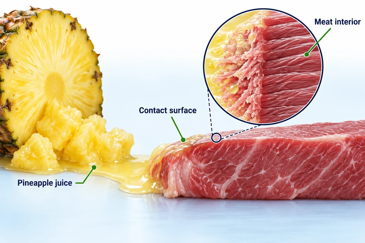 Bromelain dứa tiếp xúc bề mặt thịt Minh họa nước dứa chạm mặt thịt cạnh hình cắt phần trong