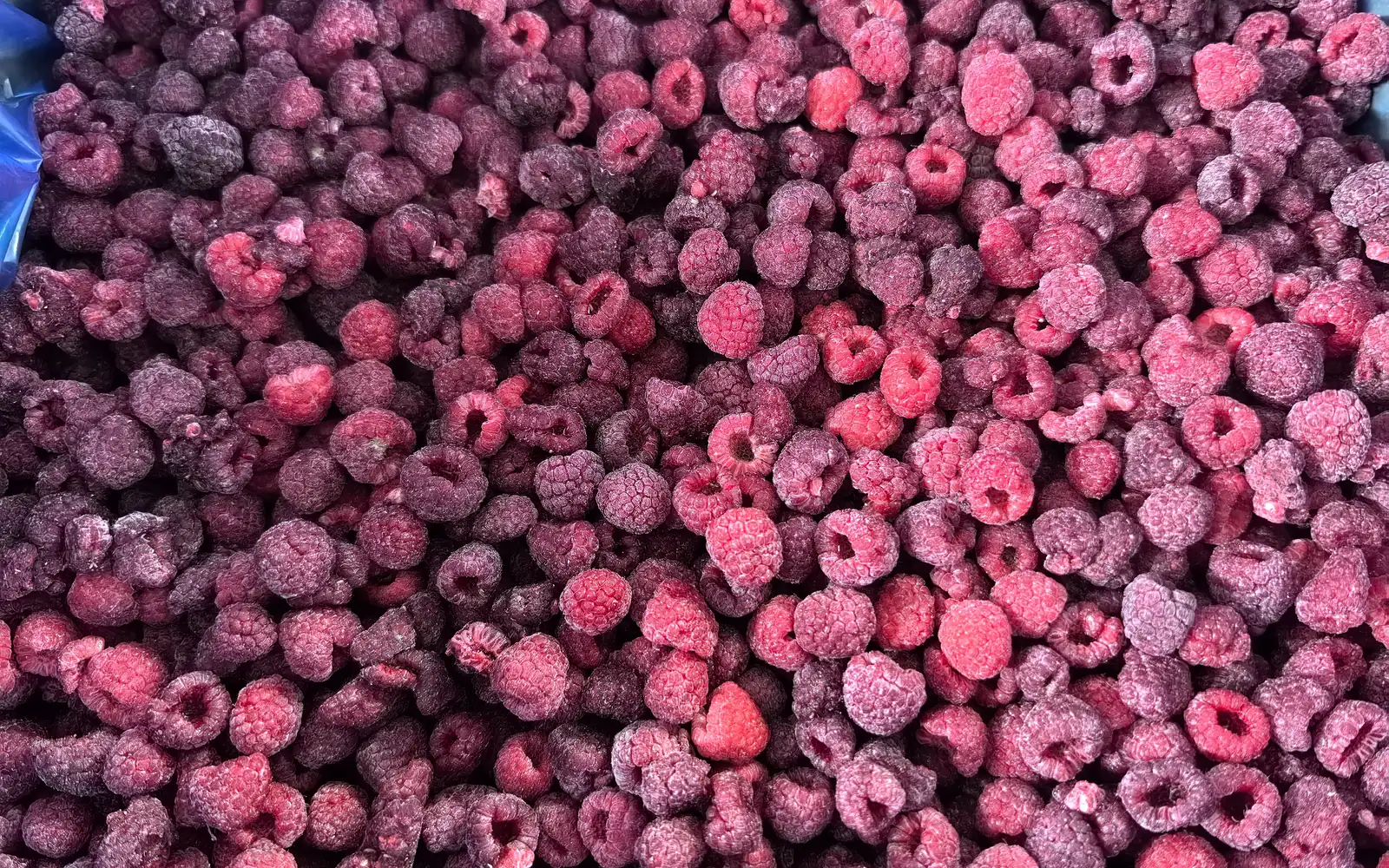 Frozen raspberries with recognisable clustered drupelets and surface frost