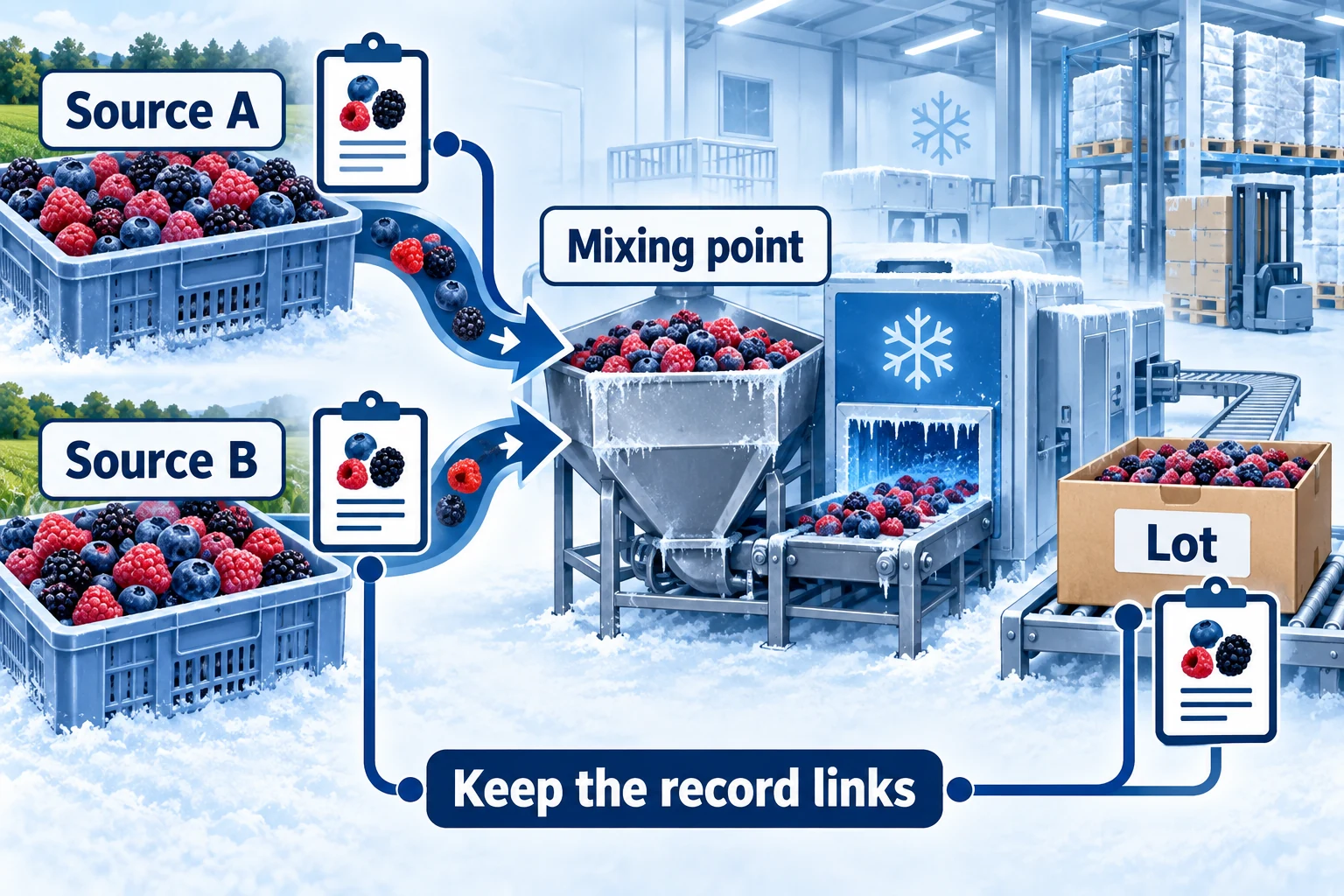 Two incoming berry sources merge into processing and an outgoing lot with linked records