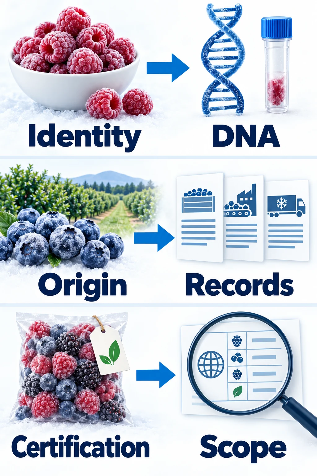 Three distinct evidence routes connect species to genetic analysis, origin to records and certification to scope checks