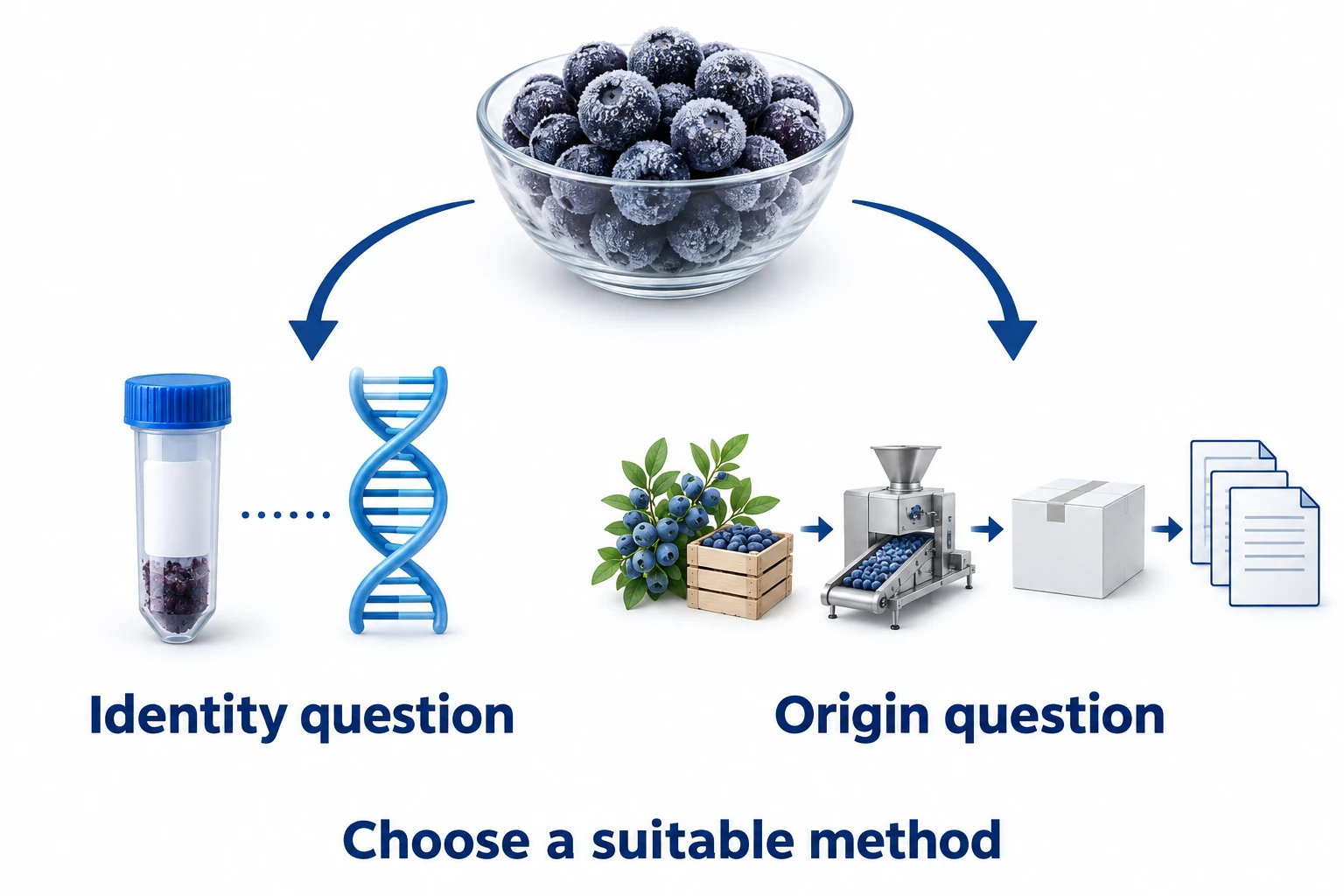 One blueberry sample branches to a species identification test and separate harvest, processing and lot records