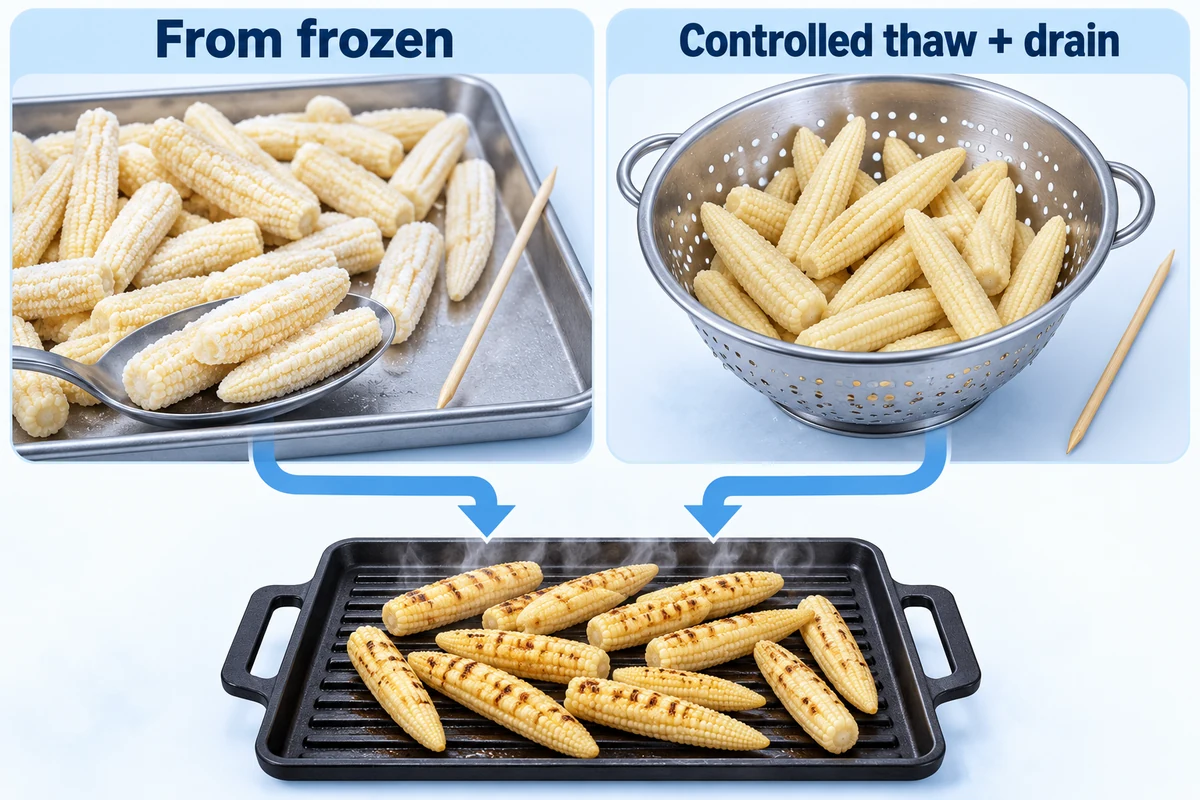 Whole frozen baby corn beside drained baby corn being prepared for skewers