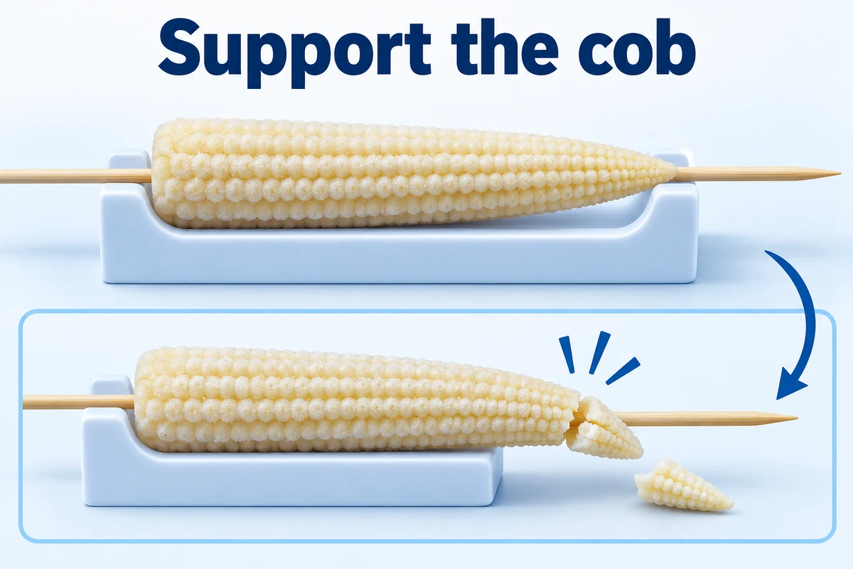 A skewer passes along a supported baby corn cob beside a split cob