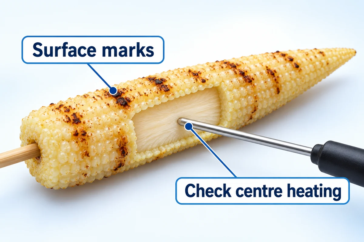 A grilled baby corn cob with surface marks beside an opened pale centre
