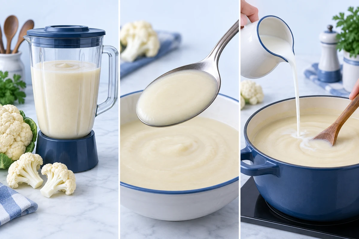 Check the base before dairy Smooth cauliflower puree is checked on a spoon before dairy enters the saucepan