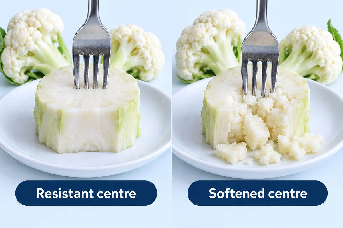 Testing cauliflower stem tenderness Forks press a resistant cauliflower stem centre and a softened centre