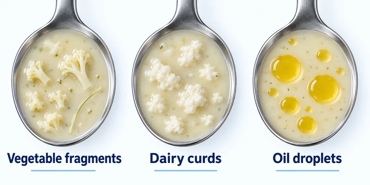 Three sources of rough soup texture Three pale soup spoons show cauliflower fragments, white curds and yellow oil droplets