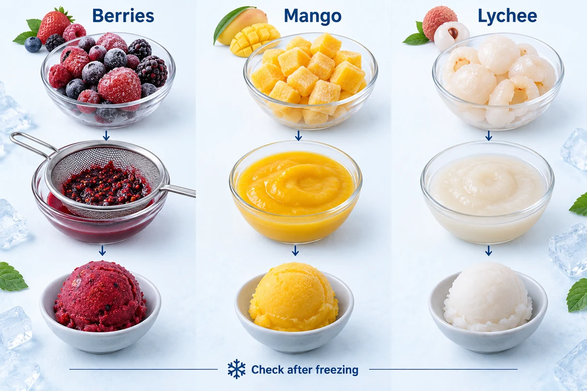 Conceptual comparison of berry mango and lychee fruit purees and sorbet scoops