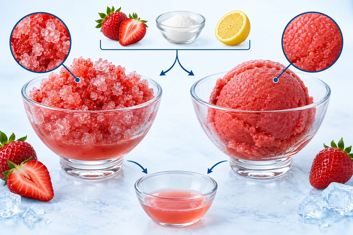 Conceptual strawberry sorbet scoops with coarse ice and smoother texture