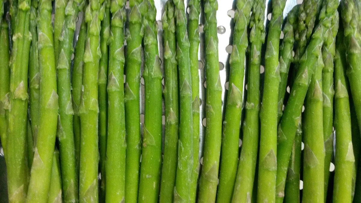 Green asparagus stems showing the ingredient structure before frittata preparation
