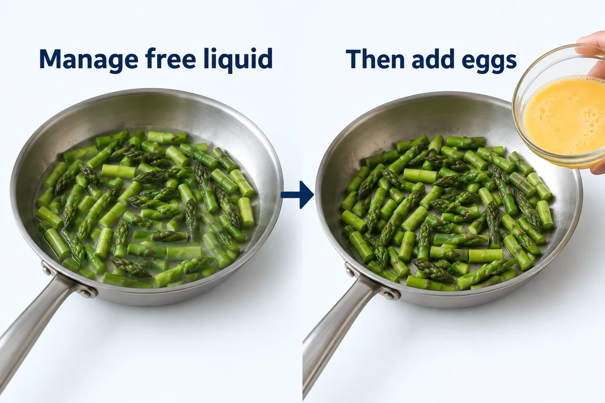 Asparagus cuts with pooled pan water compared with a pan ready for adding beaten eggs