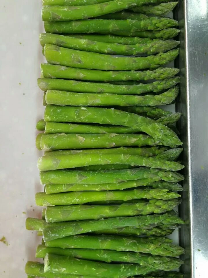 Frosted green asparagus tips and short spears arranged before cooking