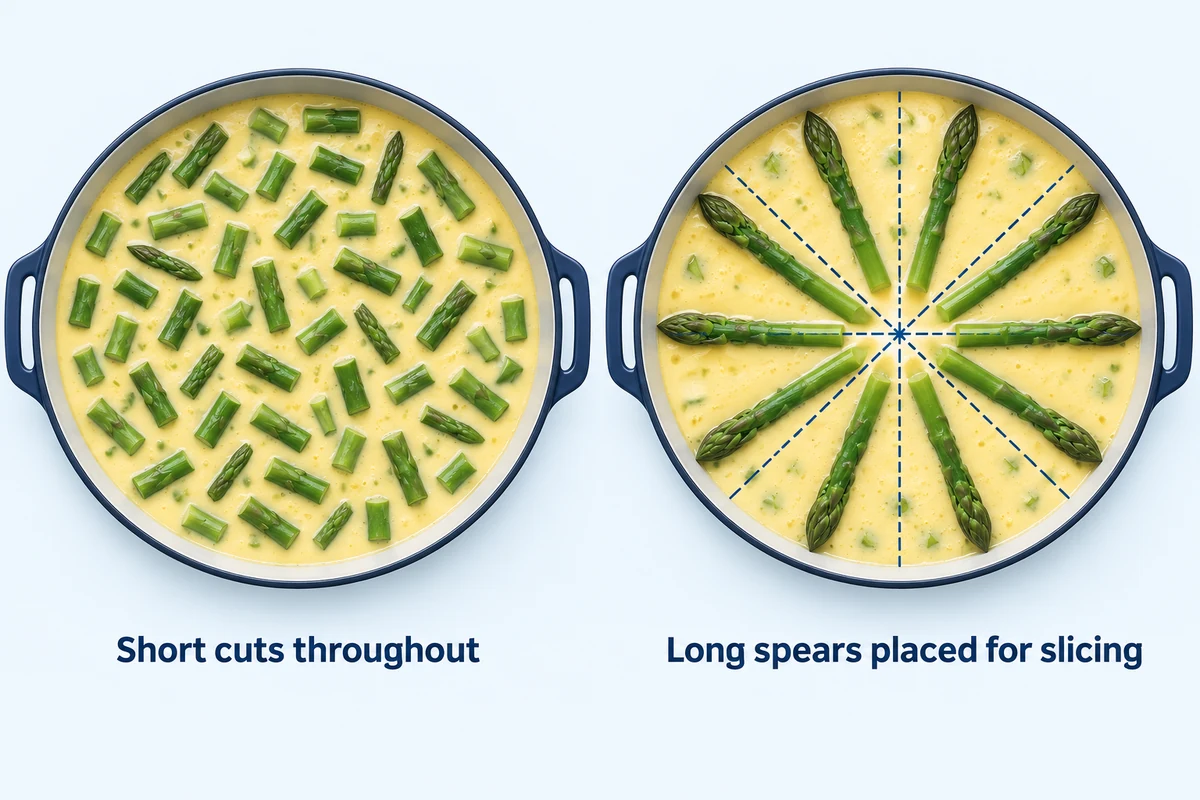 Short asparagus cuts distributed through egg compared with longer spears arranged for wedges