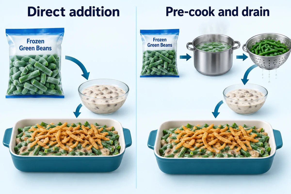 Direct addition and pre-cooking take different routes — core illustration Frozen green beans enter casserole sauce directly beside precooked drained beans