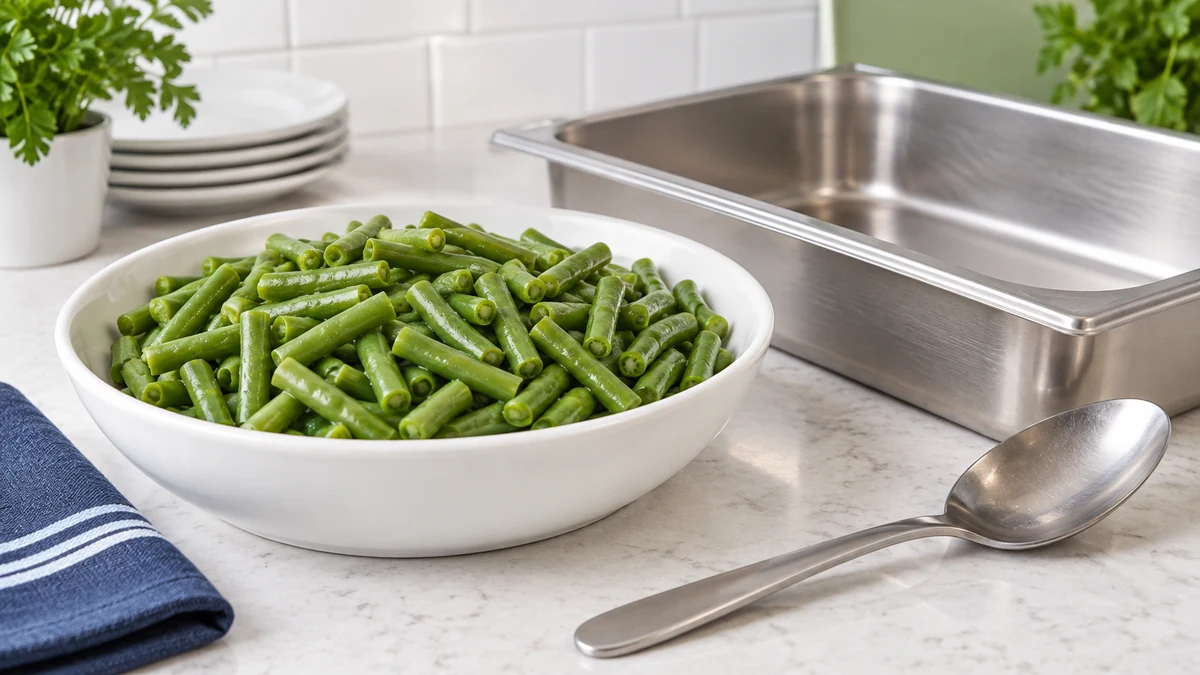 Cut green beans and a service vessel Illustration of cut green beans beside an empty service pan and spoon