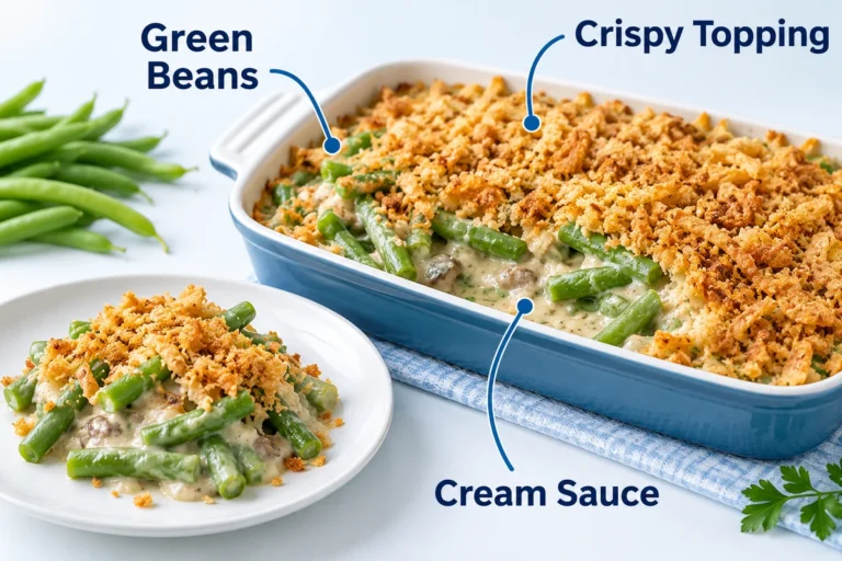 A baked casserole contains green beans in a creamy sauce beneath a browned topping