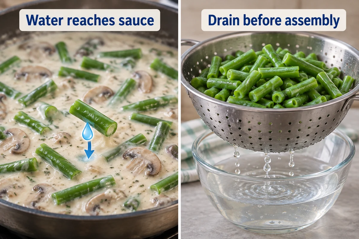 Account for thaw water before thickening the sauce — method illustration Liquid released from green beans enters a creamy casserole sauce