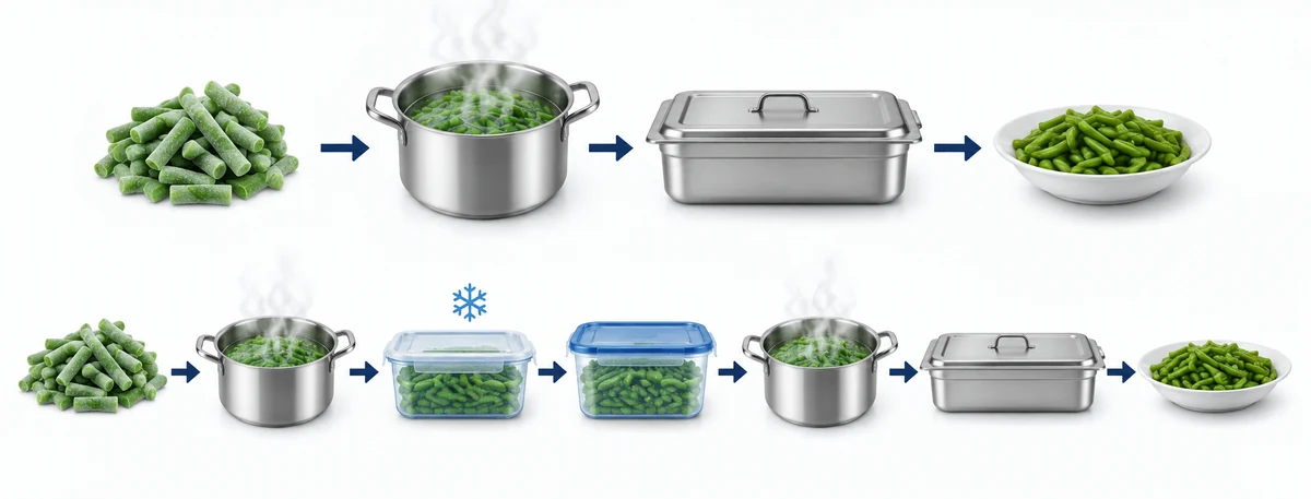 Two conceptual green-bean service routes Diagram of green beans passing through direct service and cool-reheat service routes