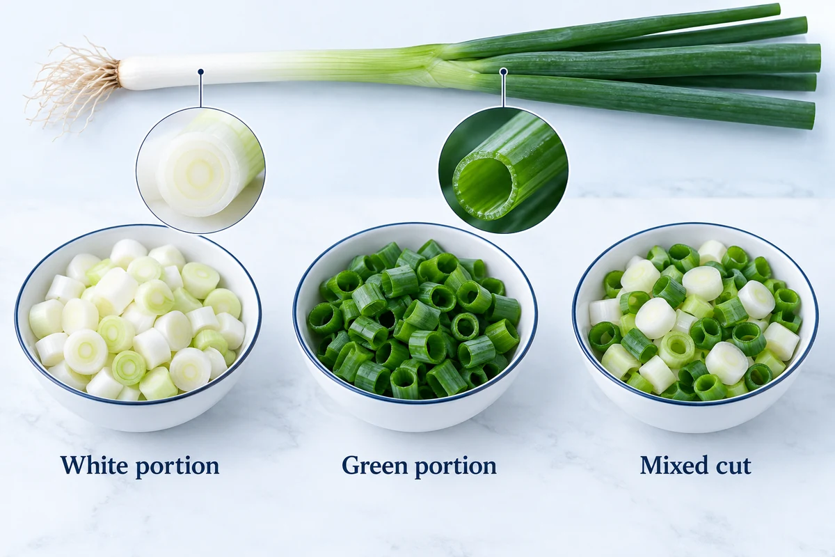 White and green scallion cut forms Illustrated pale and green scallion rings separated into white, green and mixed bowls