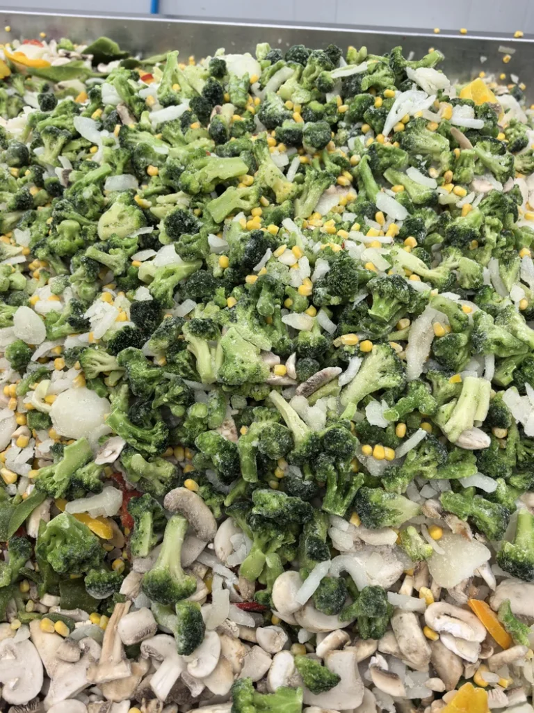 Mixed vegetables with broccoli corn onion and mushroom pieces on a metal surface