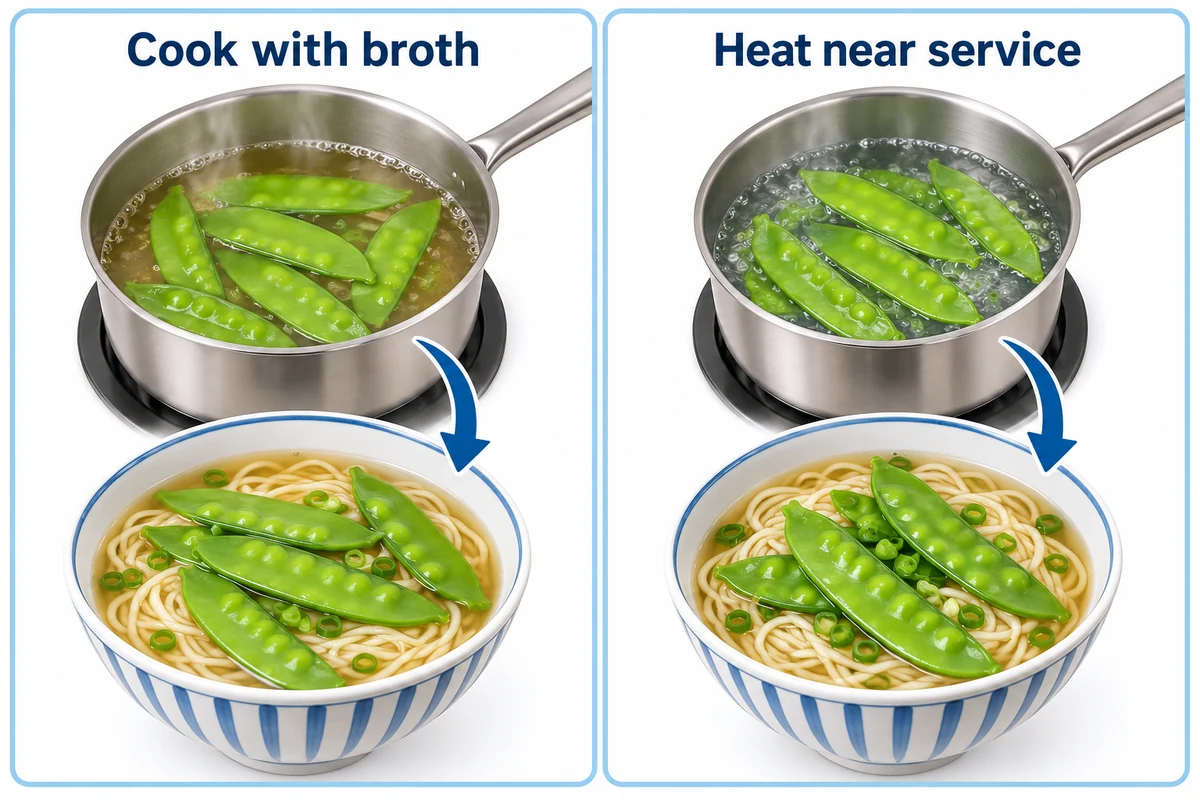 Cook in the broth or heat near service — core illustration Pea pods cook in a noodle soup pan beside prepared pods added to a serving bowl