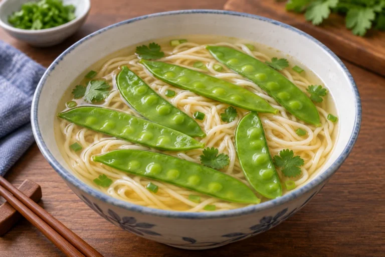 A noodle soup bowl contains slender green pea pods beside noodles and broth