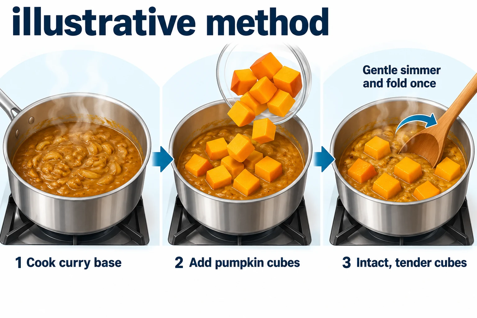Pumpkin added to an established curry base Illustration of a curry base receiving pumpkin cubes followed by gentle folding