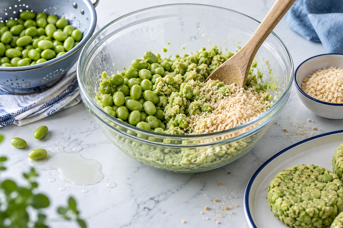 Edamame binder mixture Illustrated edamame, crushed beans and breadcrumbs mixed in a bowl beside drained water