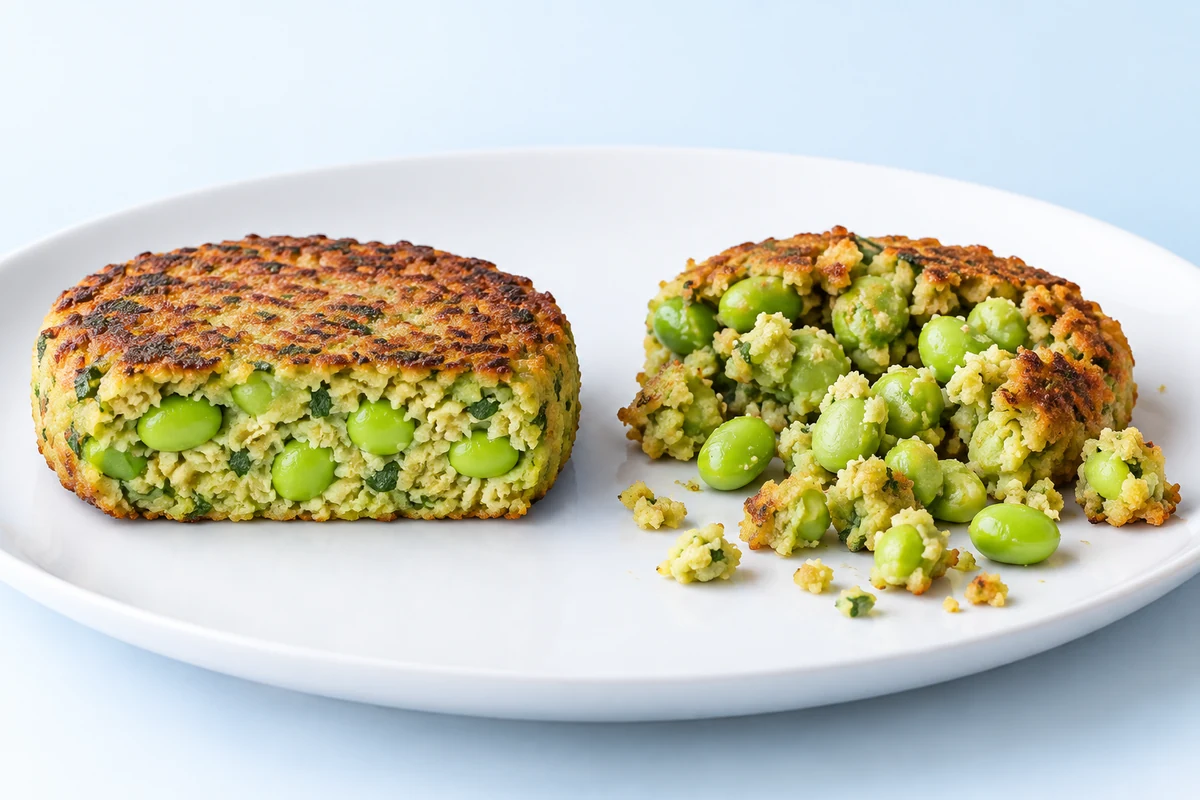 Edamame patty bite comparison Illustrated cohesive edamame patty cut beside a crumbling patty