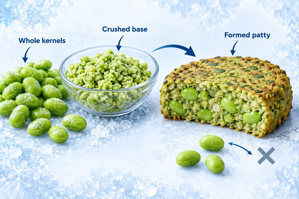 Whole and crushed bean structure Illustrated whole edamame beside crushed bean base and a formed patty