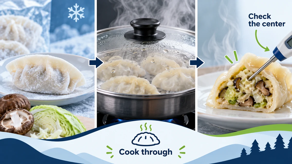 Checking a cooked shiitake dumpling center Illustrated frozen dumpling cooked under a lid and checked at the center