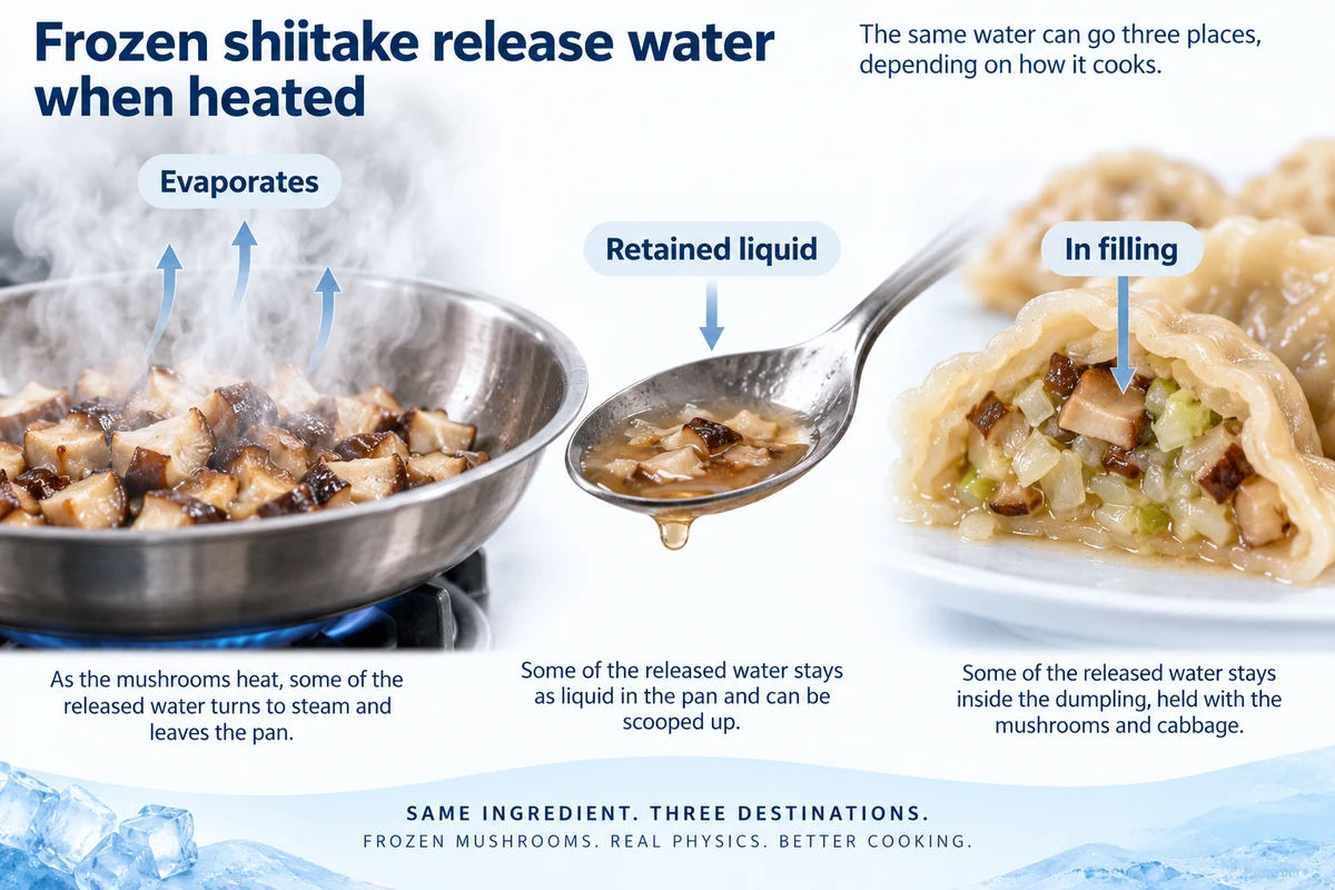 Shiitake moisture paths during cooking Illustration of shiitake liquid evaporating, remaining in pan and entering a dumpling
