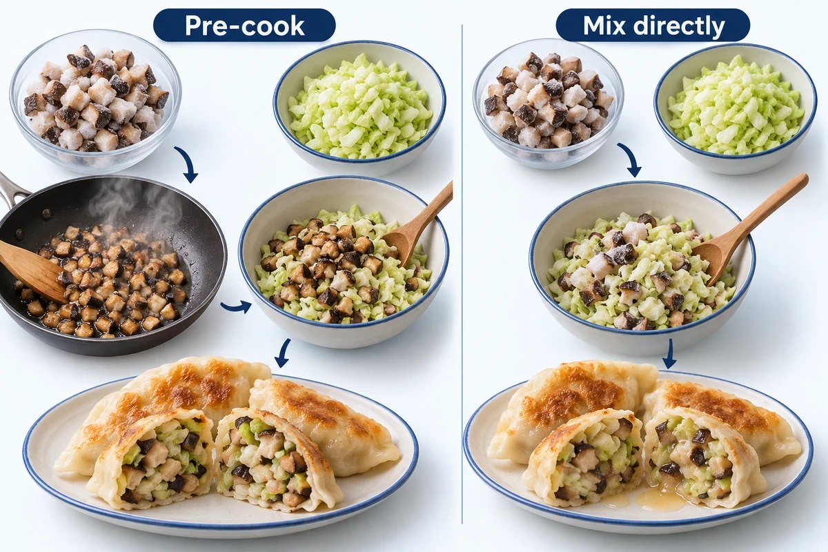 Pre-cook versus direct-mix shiitake filling Illustrated equal shiitake filling portions following pre-cook and direct-mix paths