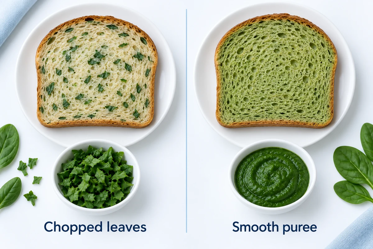 Dos rebanadas de pan comparan motas de hoja verde picada con una miga verde uniforme de puré