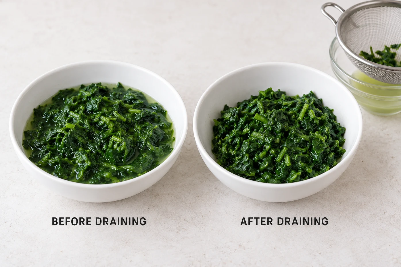 How can you judge free water before eggs enter A clear spoon-and-sieve schematic shows the same spinach portion before and after pressing; retained free water is collected below.