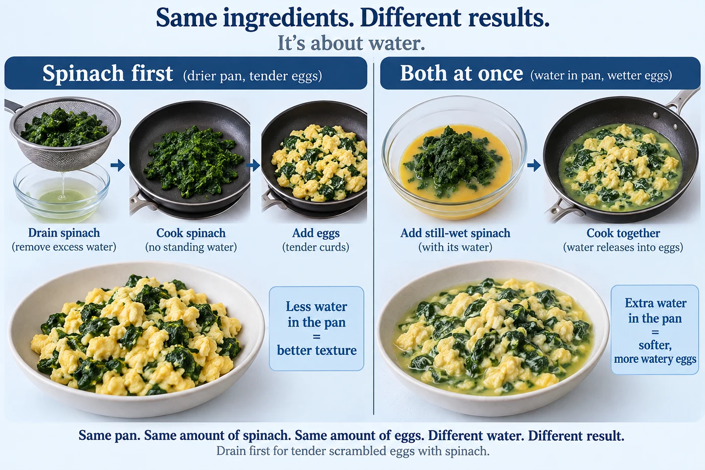 Why does adding spinach first yield a different pan moisture condition Two parallel pans show same spinach and eggs; first pan evaporates free water before eggs, second adds both at once.