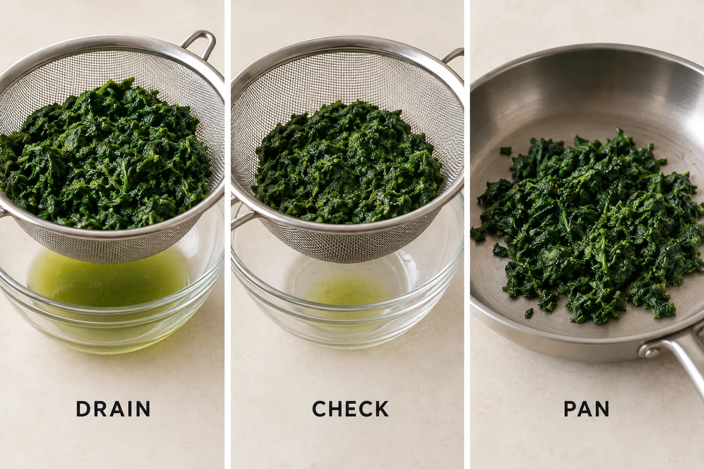 Where should free water go before eggs enter Show softened spinach in sieve, liquid below, then spinach in pan.