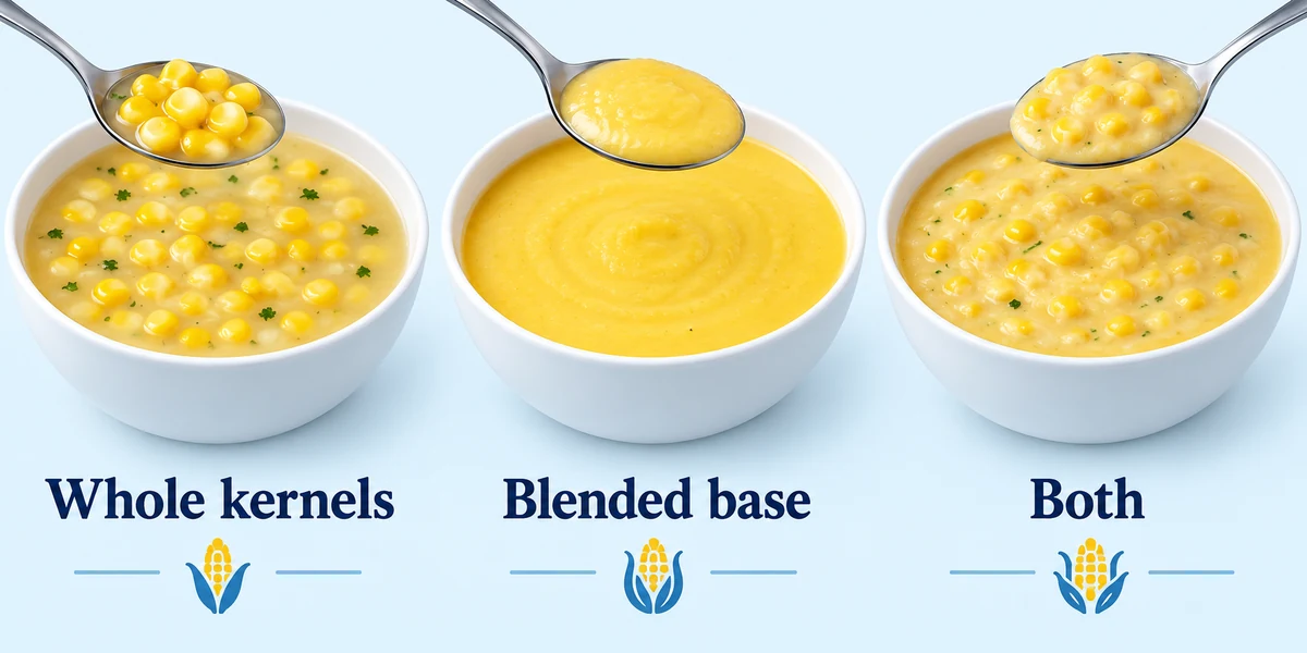 Three corn chowder structures Three chowder bowls show whole kernels, smooth corn puree and a combined bowl