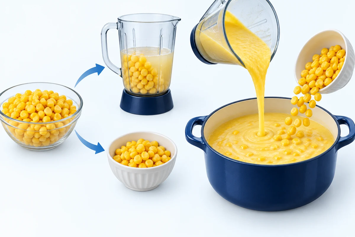 A split corn preparation Cooked corn is divided between a blender jug and a dish before recombination