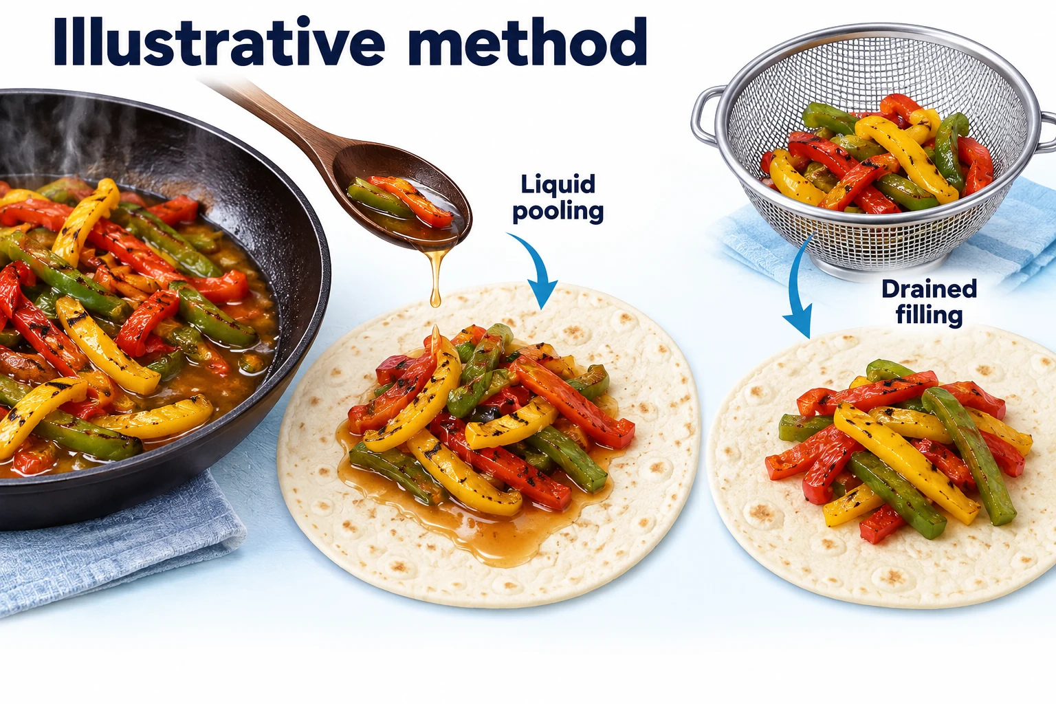 Paprikafüllung in einer Tortilla Illustration von Paprikafüllung mit angesammelter Flüssigkeit und abgetropfter Füllung auf Tortillas