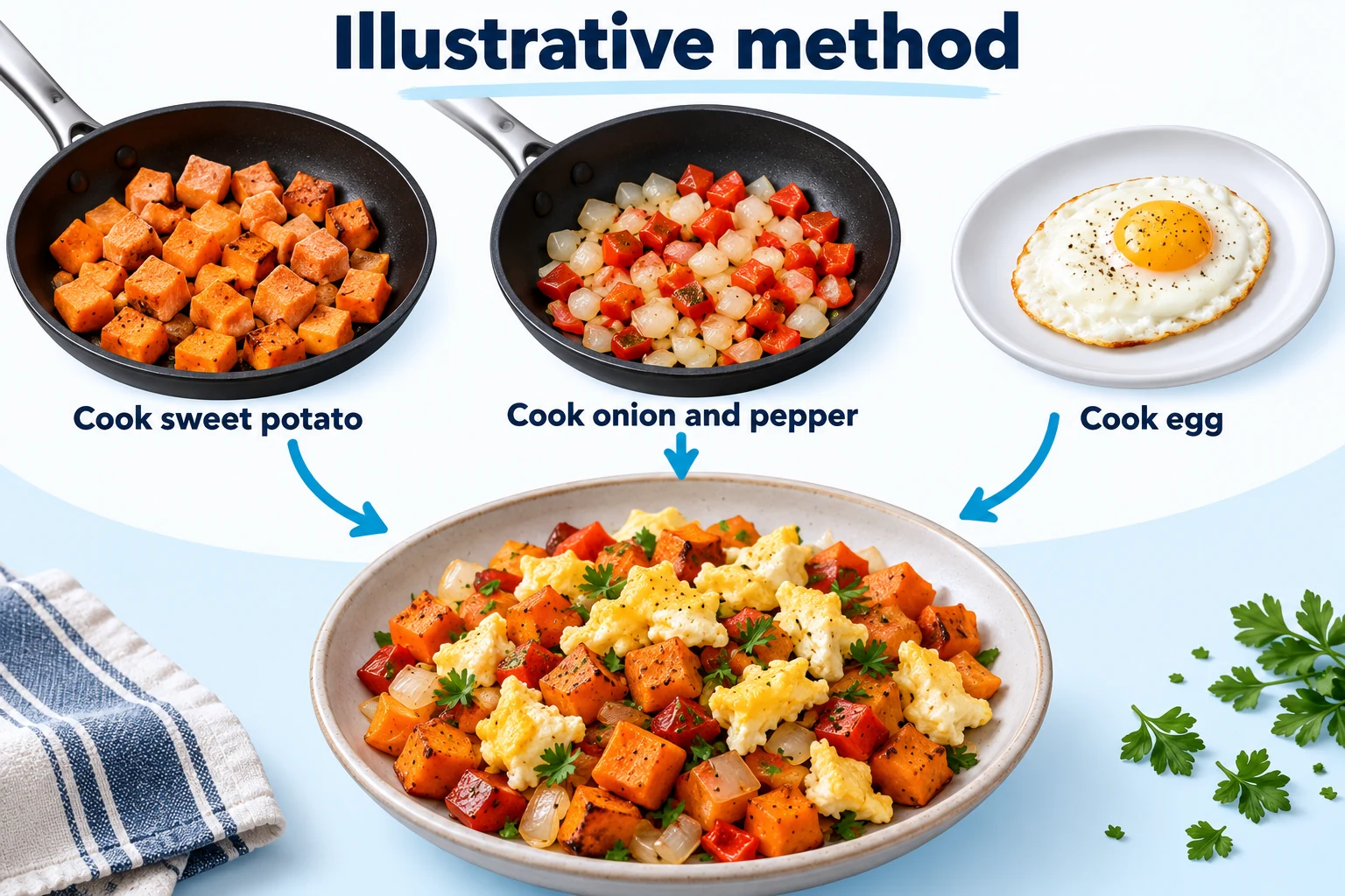 Separate breakfast hash components Illustration of separate sweet potato onion pepper and egg cooking before a combined hash